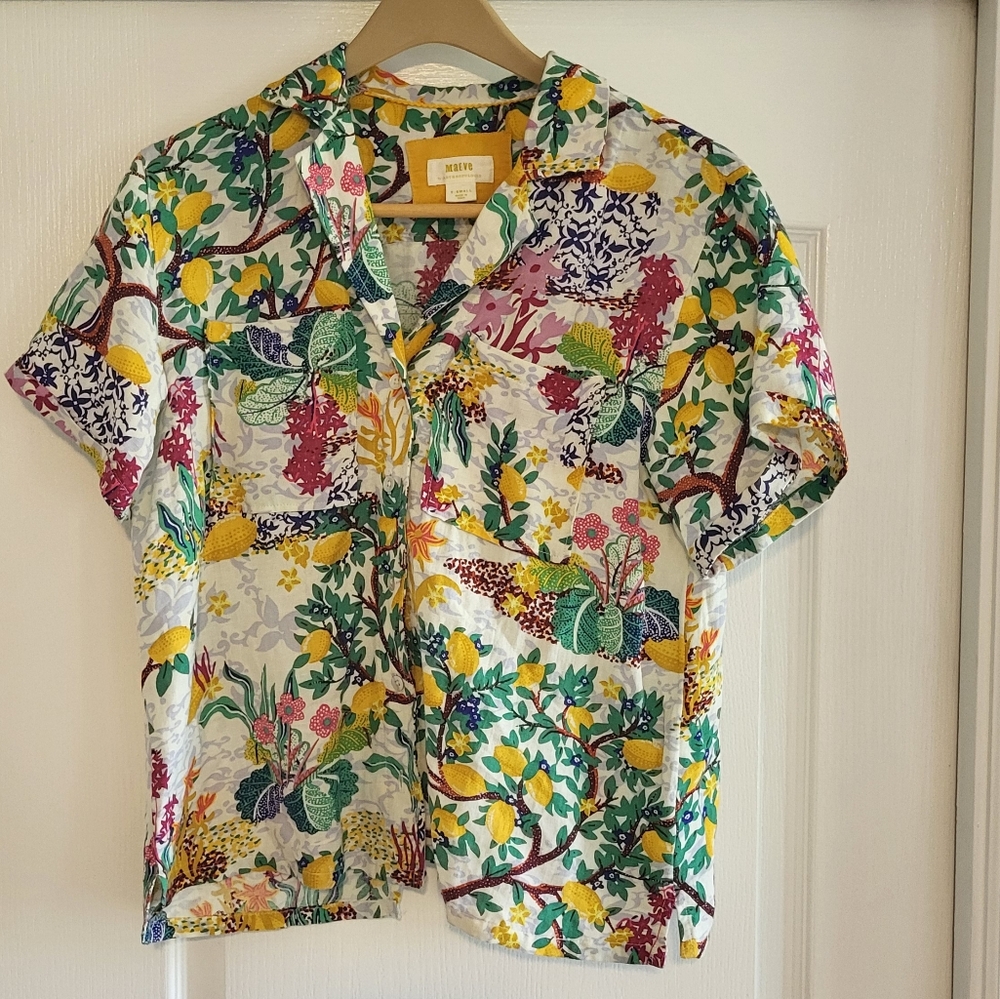 Maeve White and Green Button Down Shirt Vibrant Floral Design